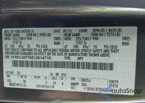 2014 Ford Escape S z USA, uszkodzony, nr VIN 1FMCU0F76EUB14716